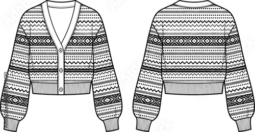 PrintPatterned cardigan sweater flat sketch illustration, button front garment vector, fashion clothing design outline icon, apparel technical drawing graphic, geometric winter style art