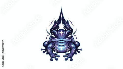 Mystical cosmic toad with a deep blue and purple galaxy pattern on its skin, featuring white horns and sparkling star details.