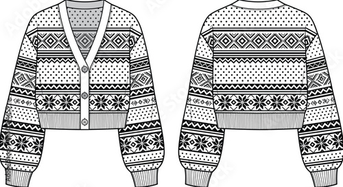 Print  
Patterned cardigan sweater flat sketch illustration, V neckline garment vector, fashion clothing design outline icon, apparel technical drawing graphic, winter festive style art