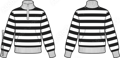 PrintPullover sweater flat sketch illustration, striped garment vector, fashion clothing design outline icon, apparel technical drawing graphic, knitwear construction symbol art