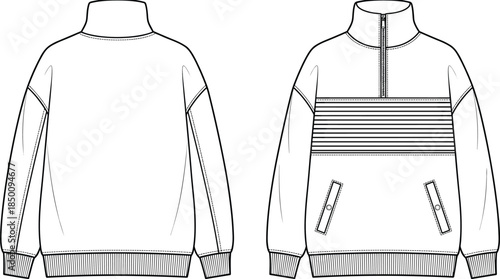 PrintPullover jacket flat sketch illustration, half zip outerwear garment vector, fashion clothing design outline icon, apparel technical drawing graphic, modern style symbol art