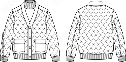 PrintQuilted cardigan jacket flat sketch illustration, ribbed cuffs garment vector, fashion clothing design outline icon, apparel technical drawing graphic, classic style symbol art