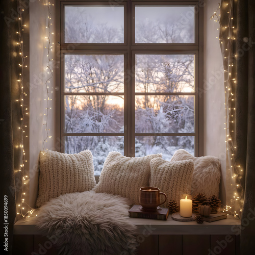 Beautiful warm and cozy winter atmosphere illuminates this simple window decor with festive light for Christmas holiday season. Creating happy New Year feeling