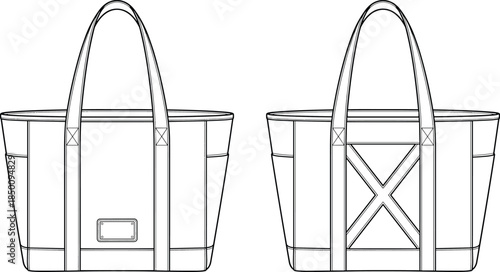 PrintTote bag flat sketch illustration, fashion accessory design vector, apparel technical drawing outline icon, handbag product graphic, reinforced stitching structural style art