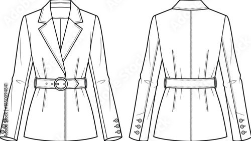 PrintTailored blazer flat sketch illustration, belted waist garment vector, fashion clothing design outline icon, apparel technical drawing graphic, structured style symbol art