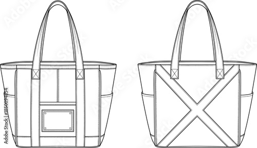 PrintTote bag flat sketch illustration, fashion accessory design vector, clothing outline icon, apparel technical drawing graphic, handbag style product art