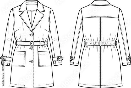 PrintTrench coat flat sketch illustration, belted outerwear garment vector, fashion clothing design outline icon, apparel technical drawing graphic, classic style symbol art