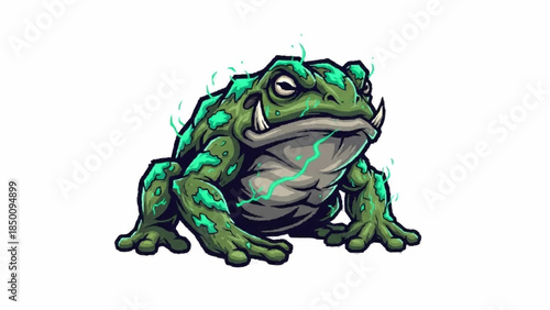 A small, detailed illustration of a warty green fantasy toad with tusks, looking grumpy and sitting on a white background.