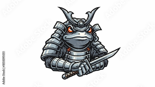 A cool and serious samurai toad warrior wearing detailed silver armor and holding a small sword, ready for a duel.