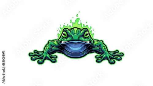 A wide, grinning green and blue frog with fierce eyes, low to the ground and emanating a magical green flame aura.
