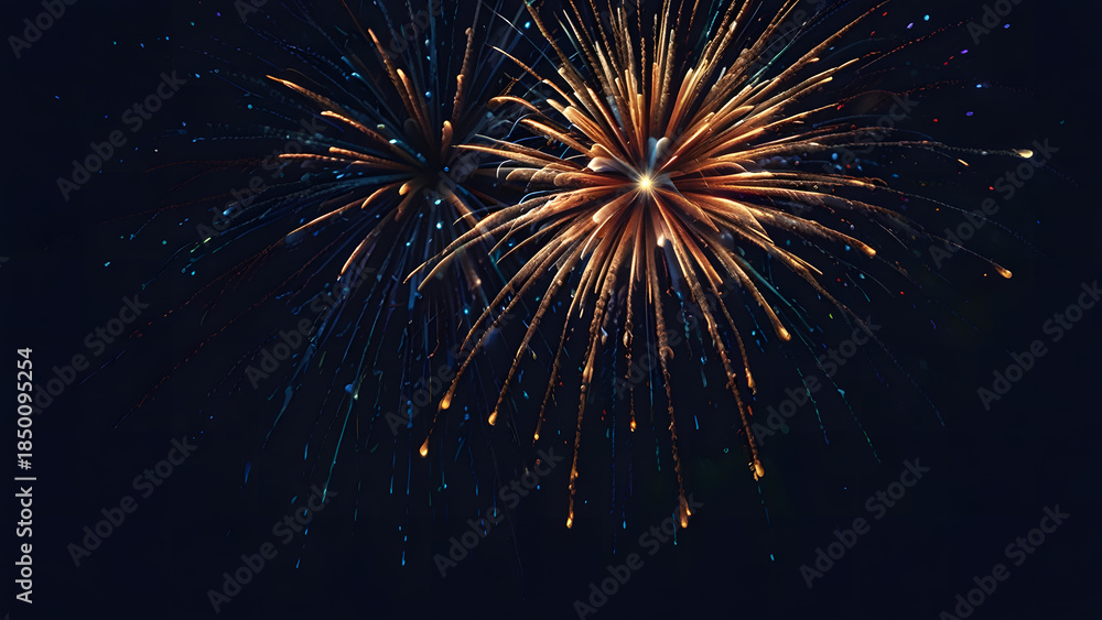 Fototapeta premium Elegant abstract firework streaks painted with golden and blue light against a dark night sky. Celebration concept