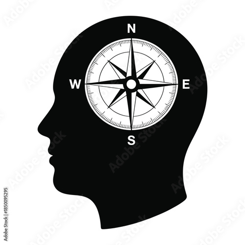 Silhouette of head with compass rose inside isolated on white