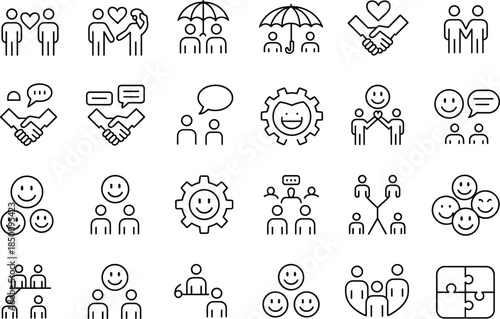People teamwork and community icons set illustrating trust collaboration communication leadership support relationships social network line vector design