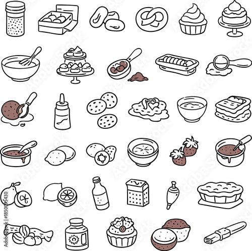 Black and white line art icons representing various sugar products sweets and baking ingredients collection