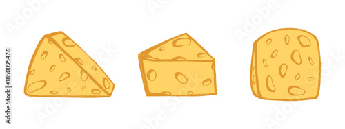 Hand drawn italian food in doodle style. Cheese pieces set in quirky crayon style. Italy ingredient, cheese chunk, mediterranean dinner element for pasta, menu. Minimal doodle sketch. Vector illustrat