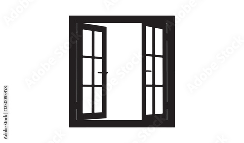 Open black double door window frame with pane dividers, simple vector illustration.