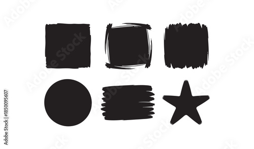 Set of six simple black graphic elements: squares with rough brushstroke edges, a perfect circle, and a star shape, useful for design accents.