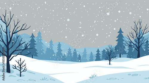 Vector template winter emotional illustration, featuring a serene and icy landscape with snowflakes gently falling, in a flat design style