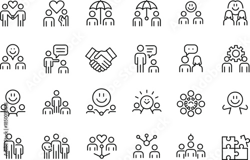 People teamwork icons set showing community support collaboration leadership communication trust relationships management line vector illustration business social network concept