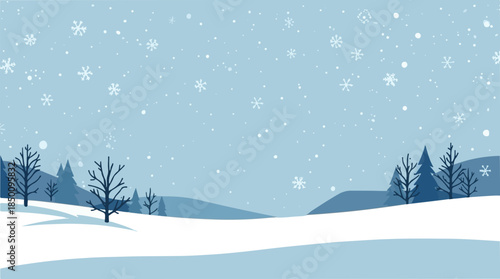 Vector template winter emotional illustration, featuring a serene and icy landscape with snowflakes gently falling, in a flat design style, with a predominantly 