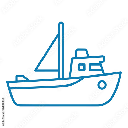 Blue outline of a sailboat with a cabin and a round porthole