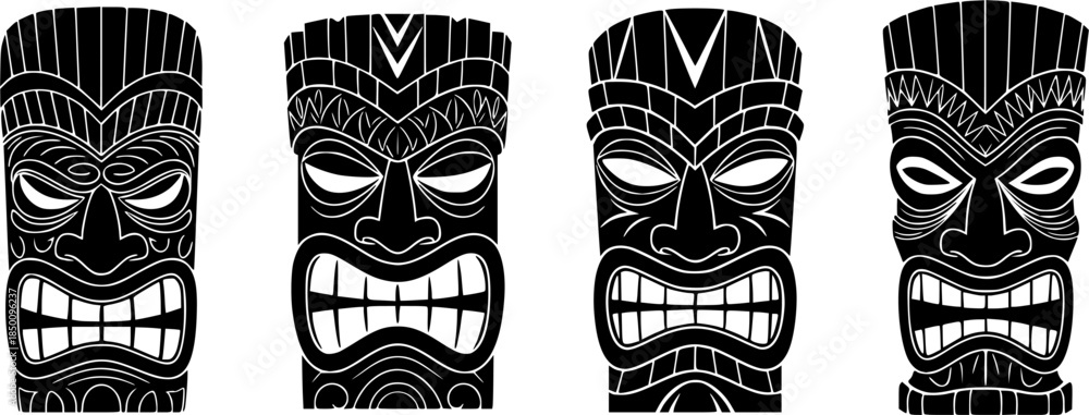 Fototapeta premium Set of tiki mask vector icon in silhouette design. summer design concepts. 