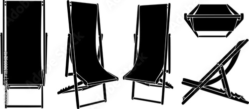 Set of deck chair folded vector icon in silhouette design. summer design concepts.
