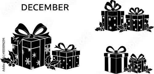 december gift box vector design with black silhouette and white background
