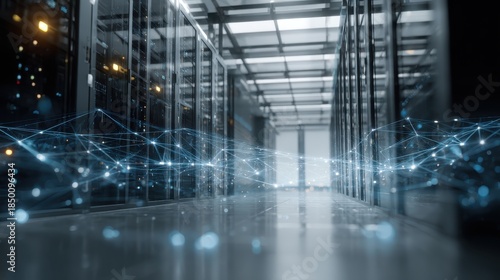 Wallpaper Mural Futuristic data center corridor with technology connections, illuminated servers, and shining network lines showcasing digital infrastructure and innovation Torontodigital.ca