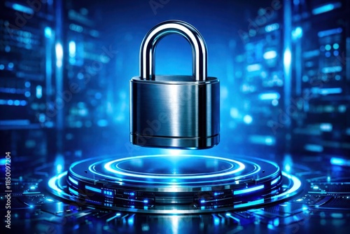 A silver lock is suspended in the air above a blue background