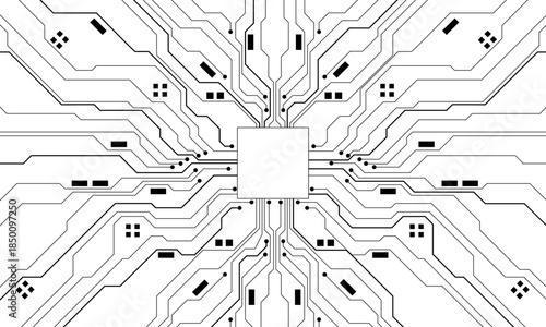Abstract black circuit board technology connected lines electronics elements computer motherboard chip processor semiconductor digital on white background vector