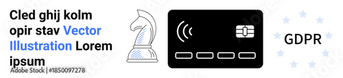 Data protection, online security, financial safety, privacy regulations, cybersecurity, strategy planning. Chess knight, credit card and GDPR icon. Data protection and online security concept