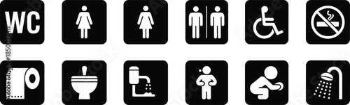 Public restroom signage icon set featuring toilet bathroom symbols accessibility hygiene facilities isolated vector illustration modern black white universal design