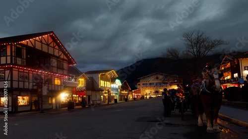 Leavenworth main street at night. Leavenworth is a travel destination located in Washington state. It is famous for its german inspired architecture.