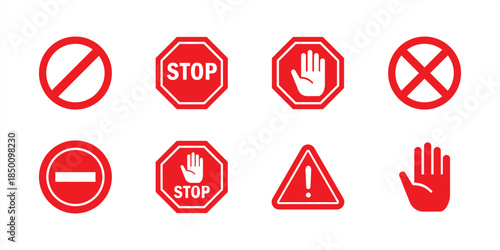 Red STOP icon set. Containing warning, prohibition, stop, hand, danger, no entry, alert, road, barrier sign. Flat vector illustration