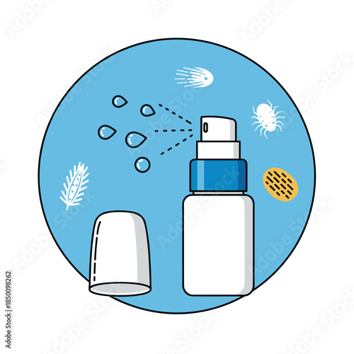 Allergy nasal spray in blue circle with allergy icons and droplets  