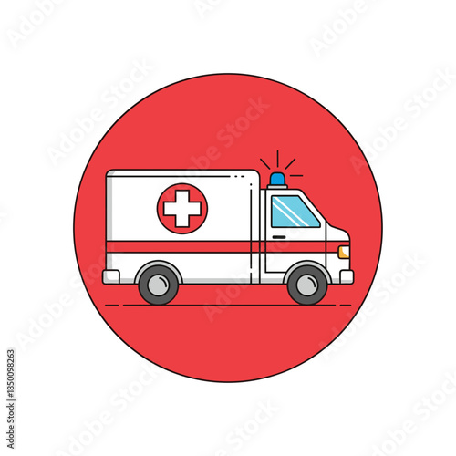 Ambulance with flashing lights on red background concept of icon  