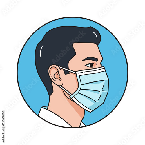 Man wearing protective mask in a circular illustration with blue background  