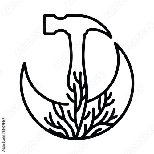 Black line art logo combining hammer, moon, and tree
