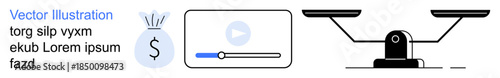 Finance, digital media, legal balance, online learning, financial education, investments. Money bag dollar icon, video player balance scale graphic. Finance and digital media concept