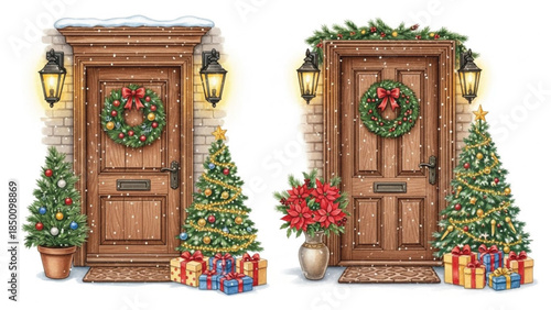 Watercolor Christmas Wooden Front Door with Wreath, Lanterns, Snow, Trees and Gift Boxes