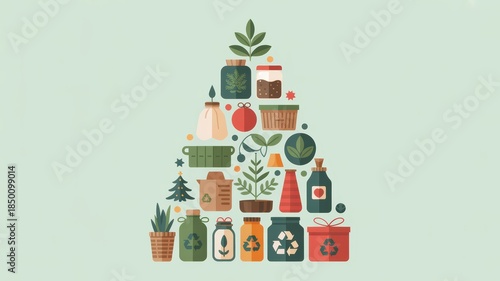 Eco friendly Christmas tree made of recyclable materials and plants