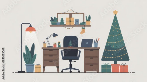 Cozy home office decorated for Christmas with tree and gifts