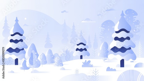Serene winter landscape with snow covered trees and rolling hills