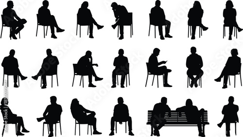 Silhouette people sitting on chairs and benches, relaxed seated poses, casual conversation, thinking posture, modern lifestyle concept on white background