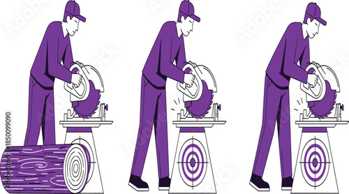 Set of Carpenter Illustrations Featuring a Professional Man Cutting Wood with an Electric Saw Machine in Flat Design Style.