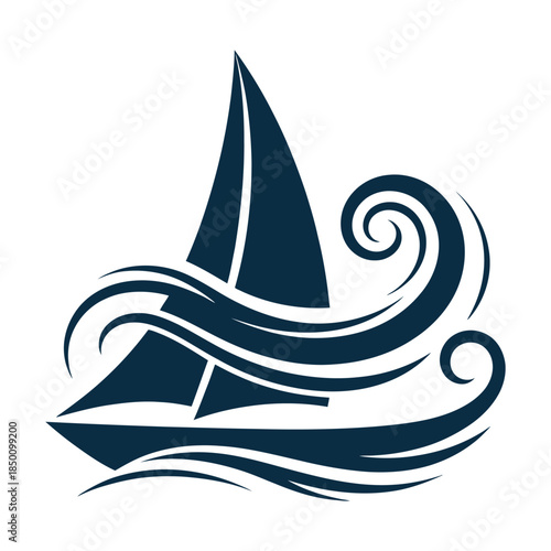 Sailboat logo icon on wavy water isolated on