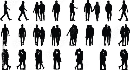 Silhouettes of couples walking, standing, and embracing, romantic relationship poses, love expressions, human figures, isolated black vector illustration set