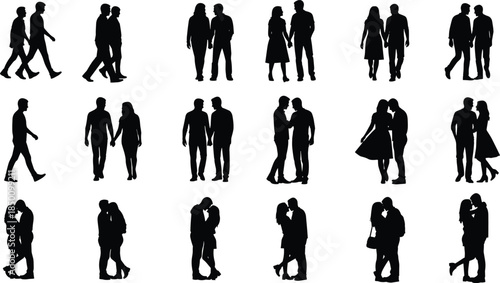 Silhouettes of couples walking, holding hands, embracing, romantic relationship poses, love moments, human figures, isolated black vector illustration set