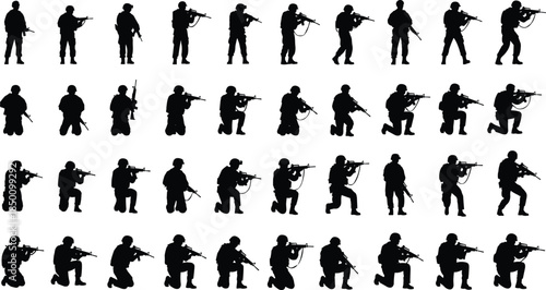 Soldier silhouettes holding rifles in multiple tactical positions, military combat poses, armed forces illustration, warfare training stances, black isolated vector set